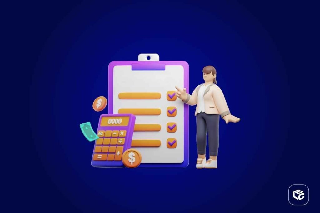 Ilustração 3D de elementos relacionados a planejamento financeiro e controle de despesas sobre fundo azul escuro. No centro há uma prancheta com uma lista de verificação marcada, acompanhada por uma calculadora, notas de dinheiro e moedas com símbolo de cifrão. Ao lado da prancheta, aparece um personagem estilizado em pé apontando para os itens da lista. No canto inferior direito há um pequeno logotipo branco dentro de um quadrado com cantos arredondados.