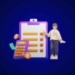 Ilustração 3D de elementos relacionados a planejamento financeiro e controle de despesas sobre fundo azul escuro. No centro há uma prancheta com uma lista de verificação marcada, acompanhada por uma calculadora, notas de dinheiro e moedas com símbolo de cifrão. Ao lado da prancheta, aparece um personagem estilizado em pé apontando para os itens da lista. No canto inferior direito há um pequeno logotipo branco dentro de um quadrado com cantos arredondados.