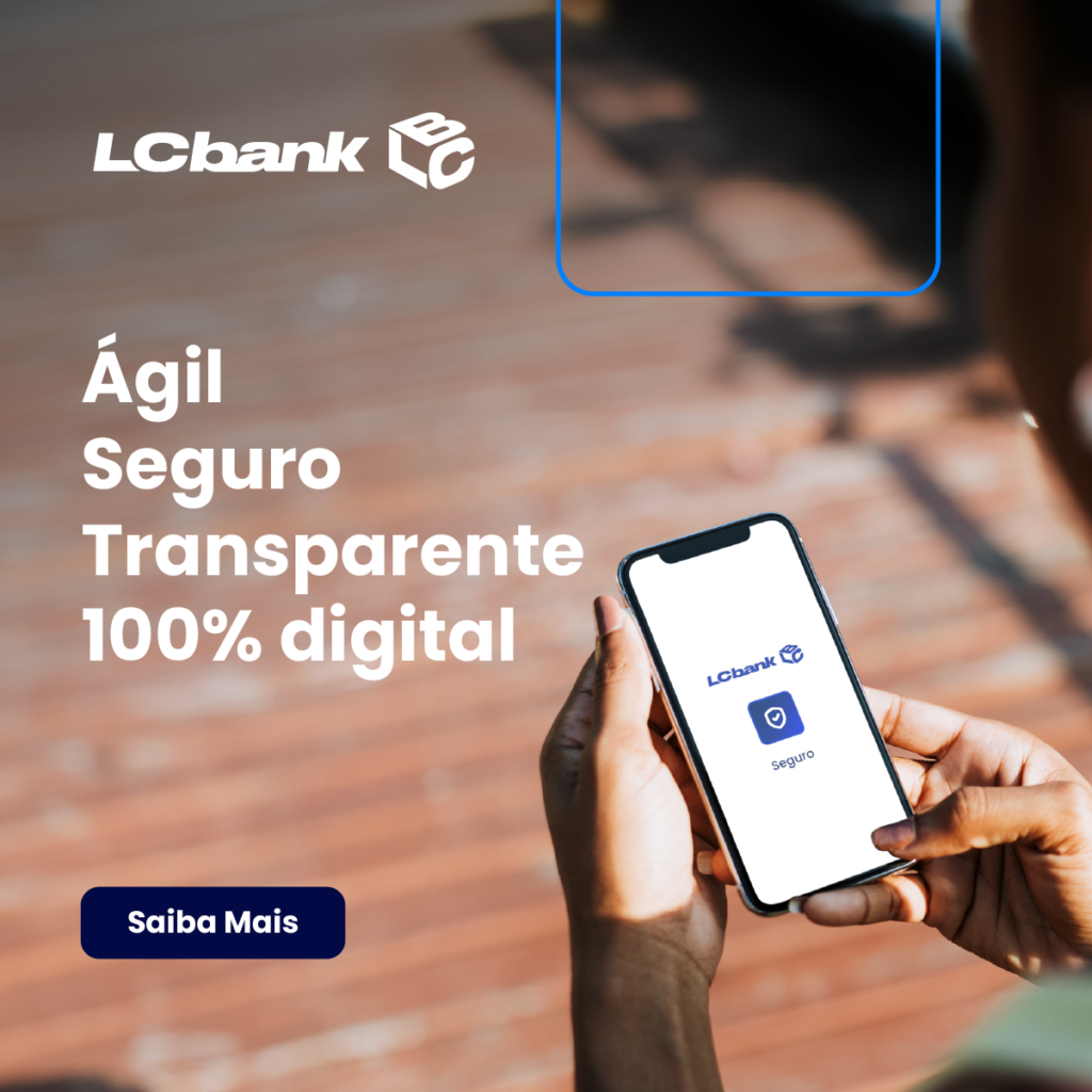 Logo LCbank, texto "Ágil Seguro Transparente 100% digital" e app em celular.